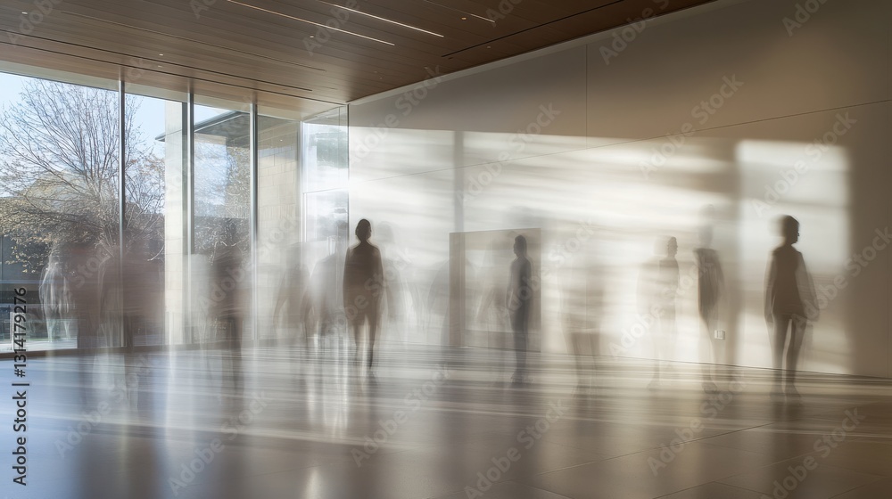 Poster blurry figures exploring a modern art gallery in soft daylight