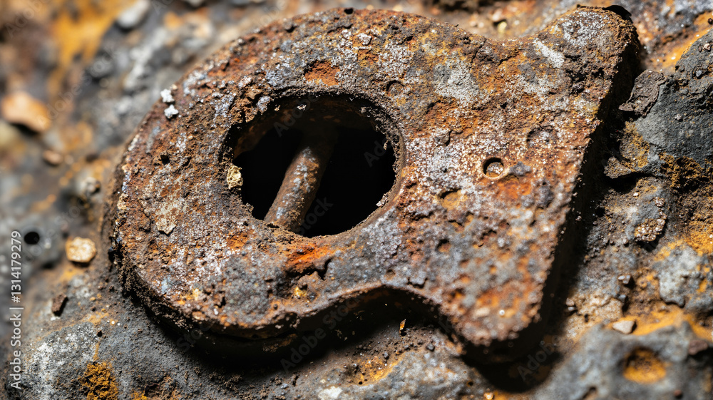Poster the image shows a close up of a rusty bolt on a rock. the bolt is in the center of the image and is 