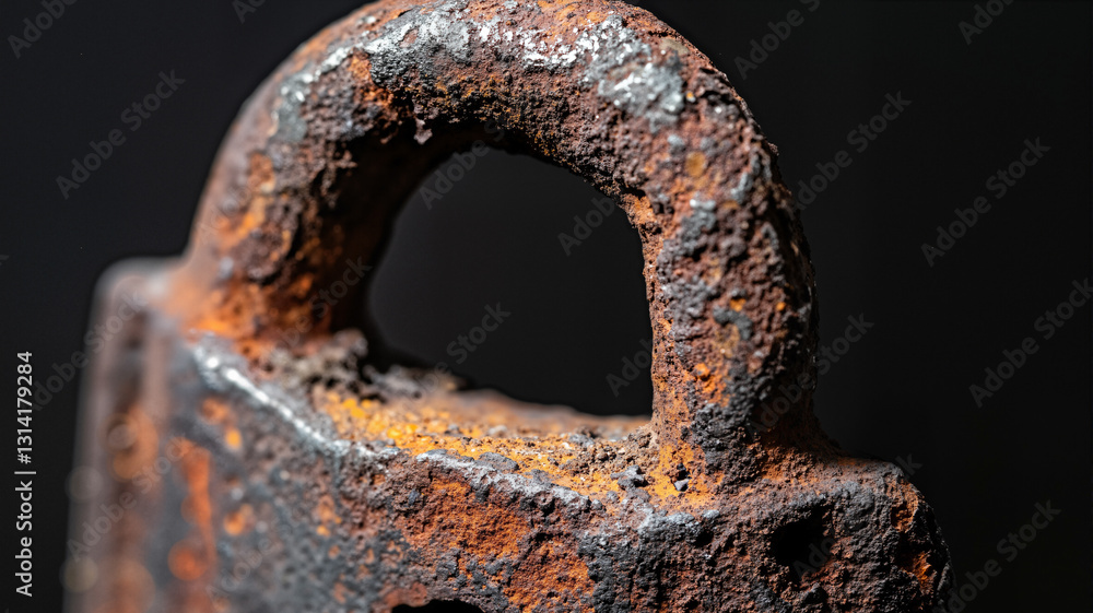 Poster the image shows a close up of a rusty padlock on a black background. the padlock is covered in rust