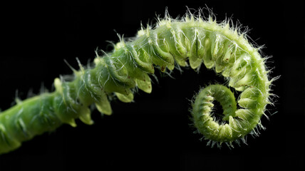Fototapeta premium The image shows a close up of a green fern leaf on a black background. The leaf is a vibrant green color