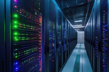 Fototapeta premium Data center servers row with blinking led lights, information technology and data storage for website, cloud, server room, futuristic, modern, data transfer concept