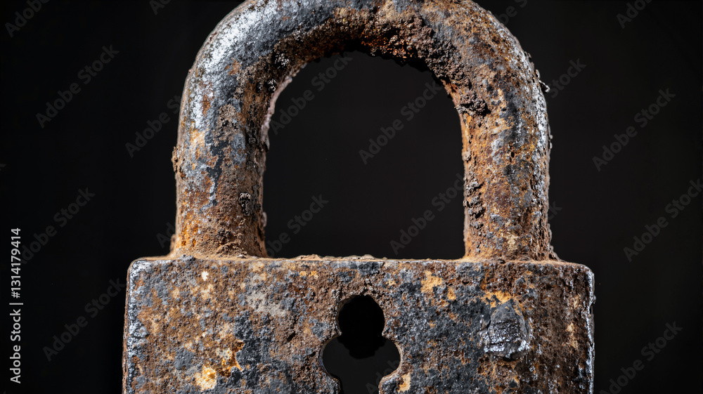 Poster the image shows a rusty padlock on a black background. the padlock is aged and weathered