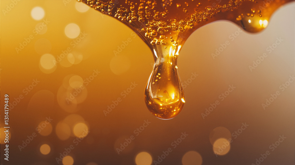 Poster the image shows a drop of honey on a yellow background