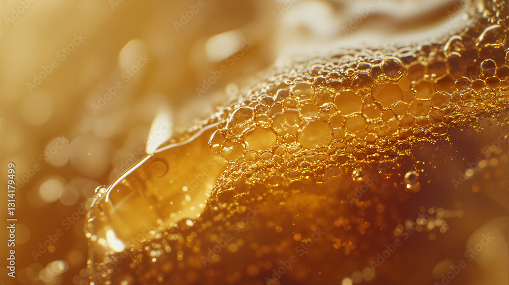 Poster the image shows a close up of a glass of beer with bubbles on it