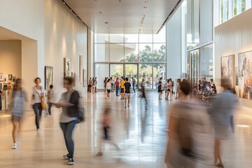 Crowds explore an art gallery with vibrant exhibits during a busy afternoon in a contemporary space