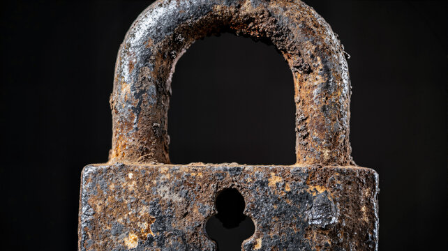 The image shows a rusty padlock on a black background. The padlock is aged and weathered
