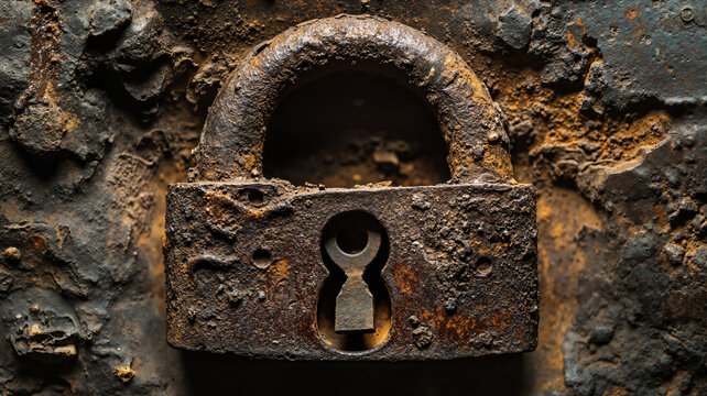 The image shows an old rusty padlock on a rusty metal door. The padlock is aged and weathered