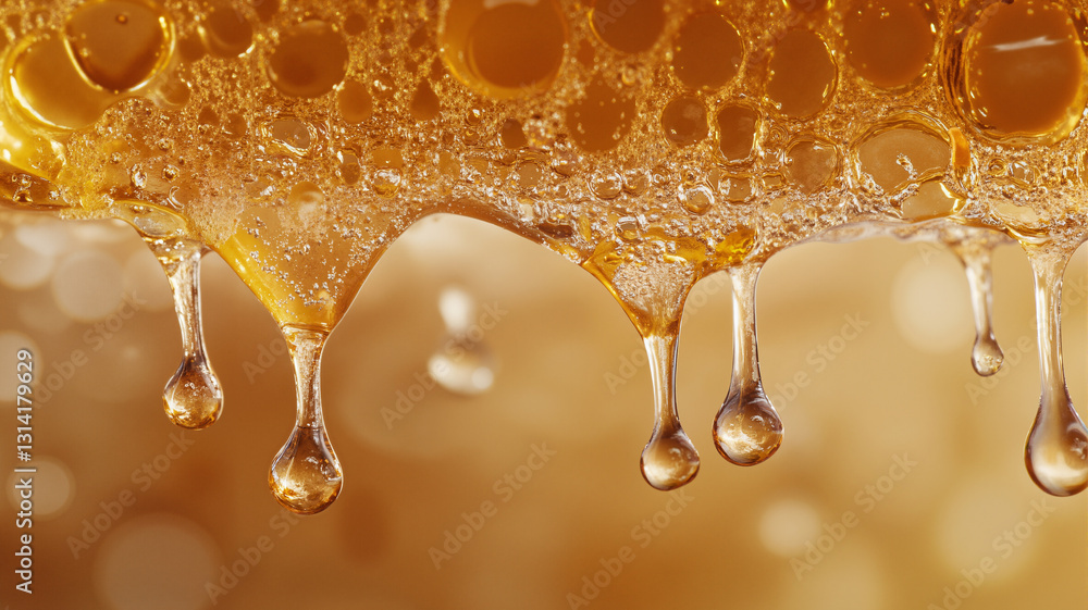 Poster the image shows a close up of a piece of honey with water droplets on it