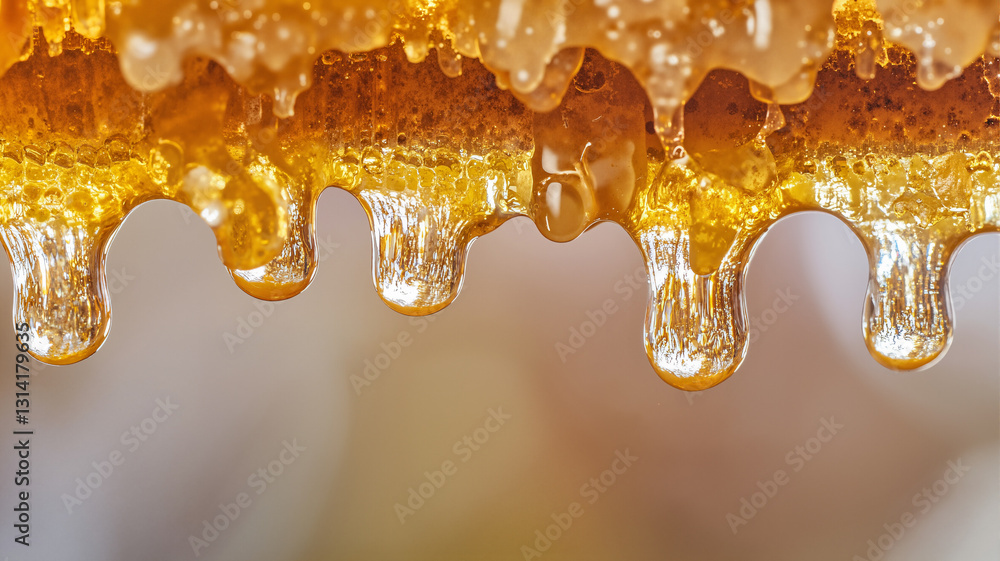 Poster the image shows a close up of a honeycomb with honey dripping from it