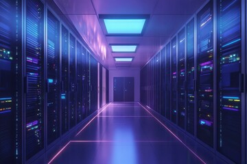 Fototapeta premium Datacenter corridor with rows of server racks, offering advanced data management solutions for the digital era, symbolizing modern technology and network infrastructure.