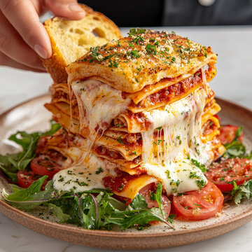 Lasagna stack with melted cheese, served with fresh salad