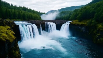 Obraz premium Waterfall cascading down mossy rocks in a lush forest landscape