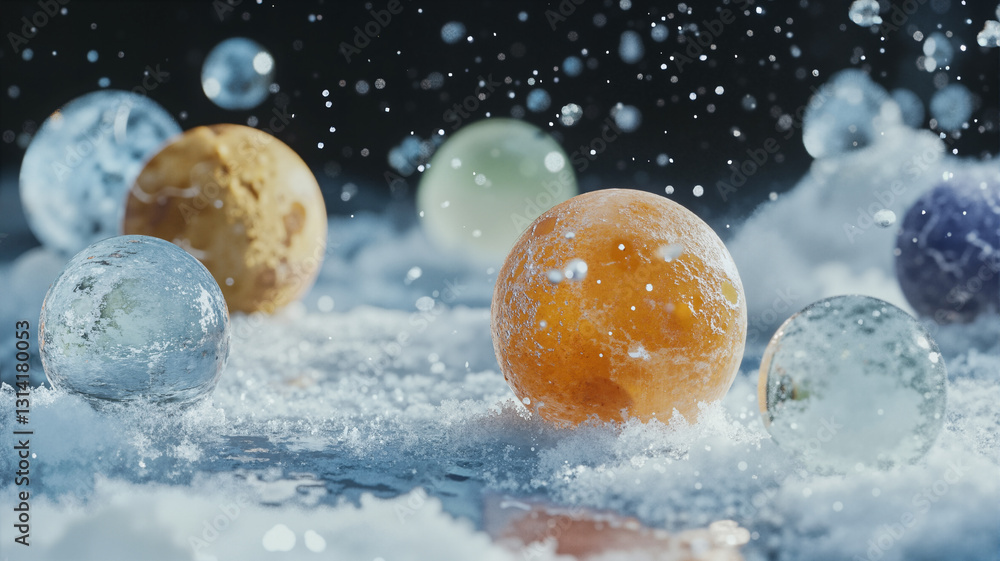 Poster the image shows a group of colorful spheres floating in the snow