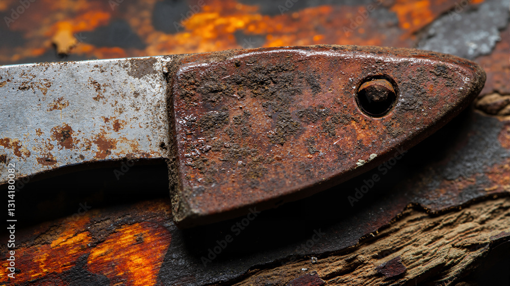 Poster the image shows an old rusty axe sitting on top of a wooden table. the axe has a rusty metal handle 