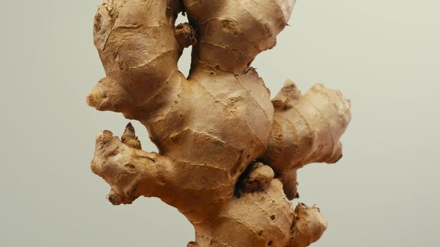 Ginger root and sliced on old plank with nature background. Close-up, food texture, tea lemonade ingredient in bar.