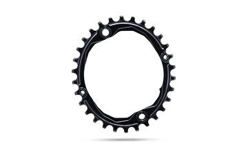 Black oval bicycle chainring against white isolated background, floating above the surface. Professional bicycle part.