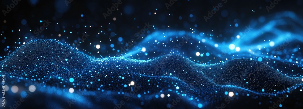 Poster a mesmerizing abstract design featuring flowing blue waves and shimmering particles against a dark b