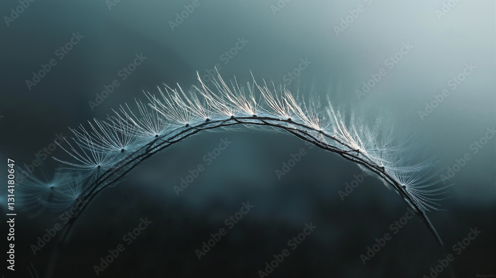 Poster the image shows a close up of a dandelion with its white seeds blowing in the wind. the background i
