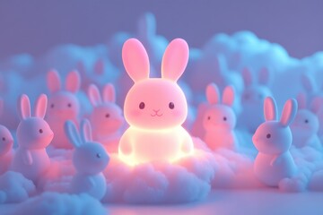 Glowing bunny surrounded by other bunnies in a dreamy, pastel cloud setting.