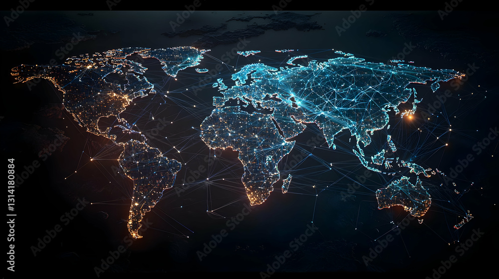 Poster abstract illuminated world map on dark background with glowing blue and orange pixels digital techno