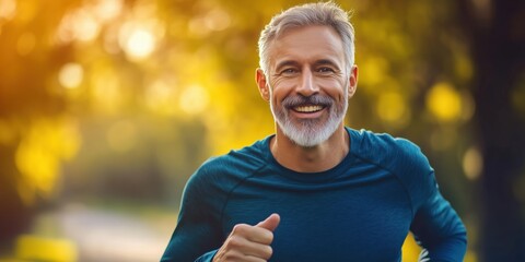 Smiling older man running outdoors in a park during sunset while embracing an active lifestyle and staying fit