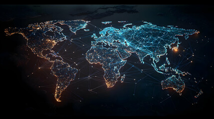 Abstract Illuminated World Map On Dark Background With Glowing Blue And Orange Pixels Digital Technology Visualization