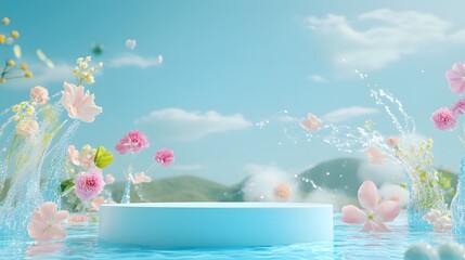 A smooth, round podium with pastel blue tones, placed in an outdoor celebration scene with Songkran water fights in the background