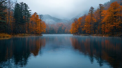 Fototapeta premium Misty Autumn Lake Reflections in Mountains