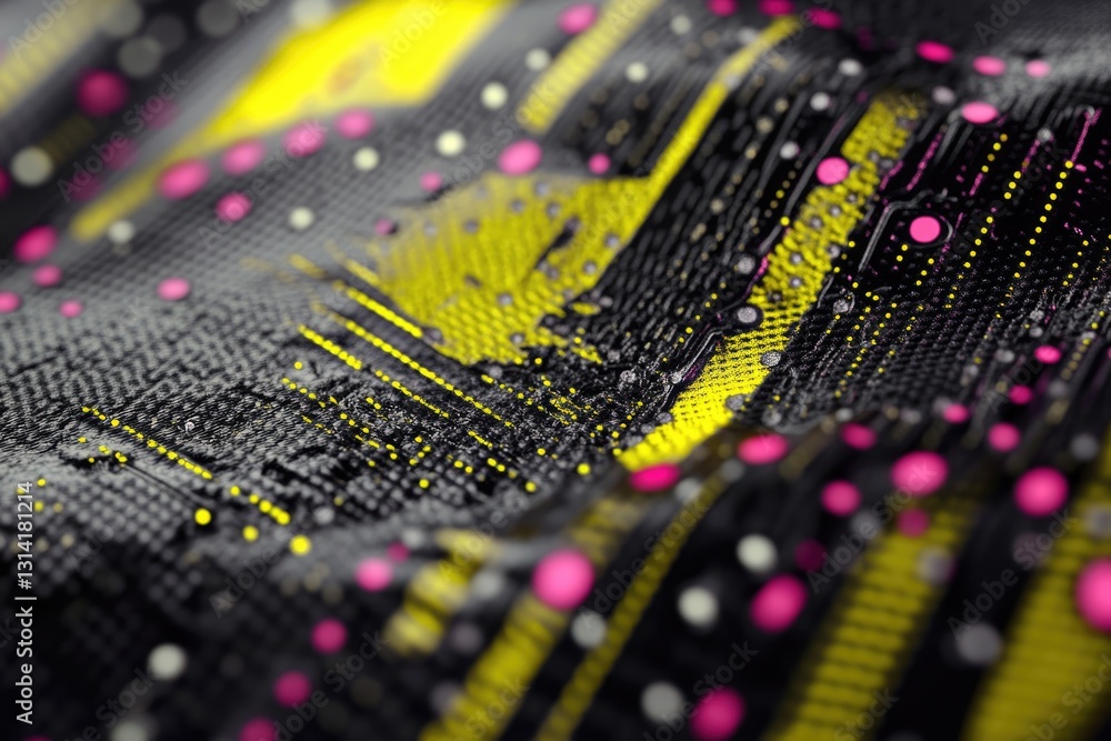 Poster abstract digital artwork with a textured surface, featuring yellow and pink glowing dots and lines o