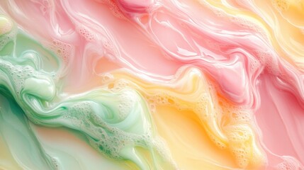 Obraz premium Liquid swirl patterns and requested a pastel cute style. Abstract Pastel Swirls: Creamy Pink, Green, and Yellow Fluid Texture Background