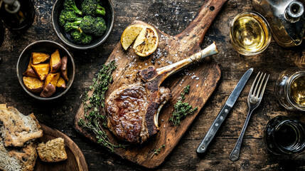 Grilled tomahawk steak, roasted potatoes, broccoli, and crusty bread