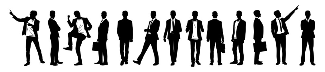 Silhouettes of Businessman character in different poses. Man standing, walking, pointing, with briefcase, front, back, side view. Vector black monochrome illustrations isolated 