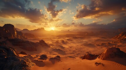 Fototapeta premium Sun setting over a vast and rugged desert landscape