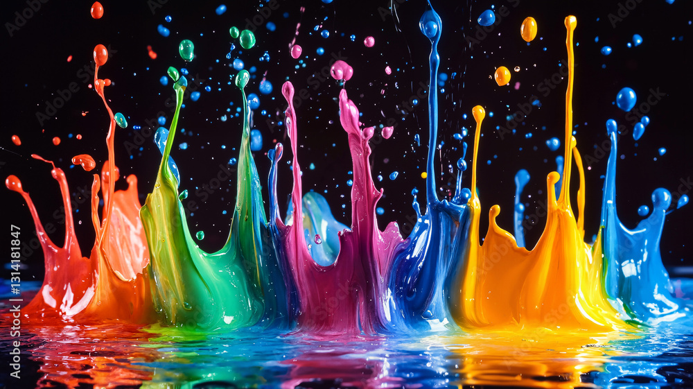Poster the image shows a vibrant array of colorful paint splashes on a black background