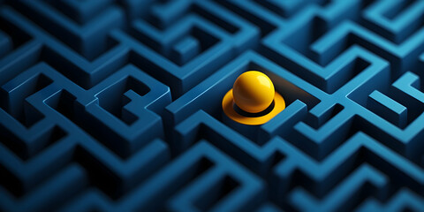 Yellow Sphere in the Center of a Complex Blue Maze Representing Problem Solving and Navigation in a Dynamic 3D Environment