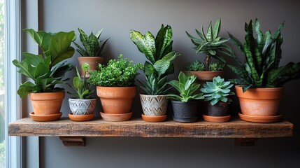 Fototapeta premium Houseplants Arranged on Rustic Wooden Shelf with Natural Light