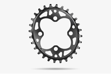 Black oval bicycle chainring against white isolated background, floating above the surface....