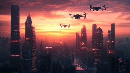 Futuristic Cityscape at Sunset with Drones