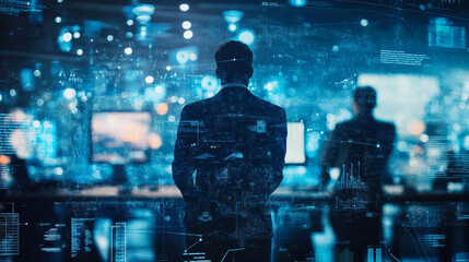 Tech professionals analyzing data and trends in a modern office environment at night