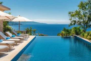 Fototapeta premium Summer vacation at poolside. Veranda decorated with deck chairs and umbrella with an ocean view