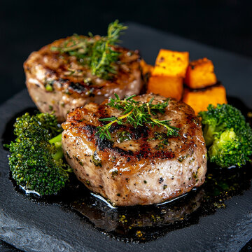 Grilled meat medallions with roasted vegetables and herbs