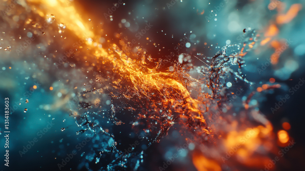 Poster vivid representation of fire and water interacting in an abstract composition with dynamic colors an