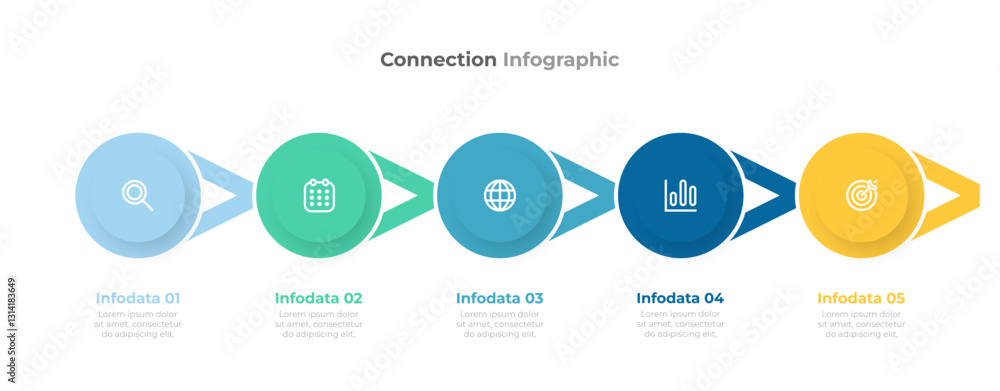 Poster timeline infographic design with 5 data points. business process label with circle and marketing ico