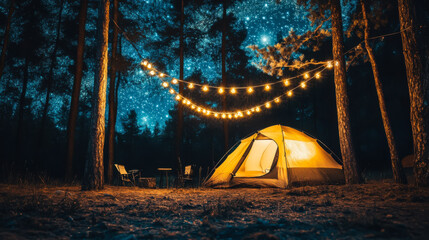Camping under the stars with a lit tent and string lights in a tranquil forest setting