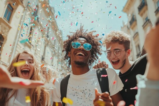 Happy multiracial young people celebrating party together outside - Group of university students having fun in college campus - Friendship concept with guys and girls hanging out on city