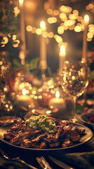 Grilled chicken with guacamole, candlelit dinner setting