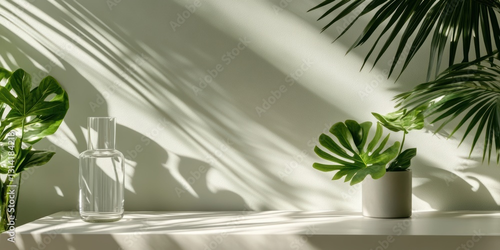 Poster natural light casting shadows through palm leaves on a tranquil surface generative ai