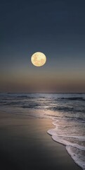 Vertical view of full moon over ocean waves at dusk, dreamy night seascape, nature, landscape,...