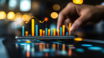 Digital smart device display shows colorful data analytics and insights at night in a modern workspace