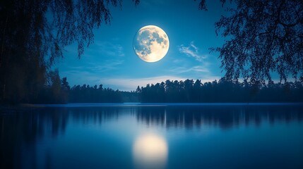 Naklejka premium Full moon over tranquil lake at night, reflected in calm water with trees.